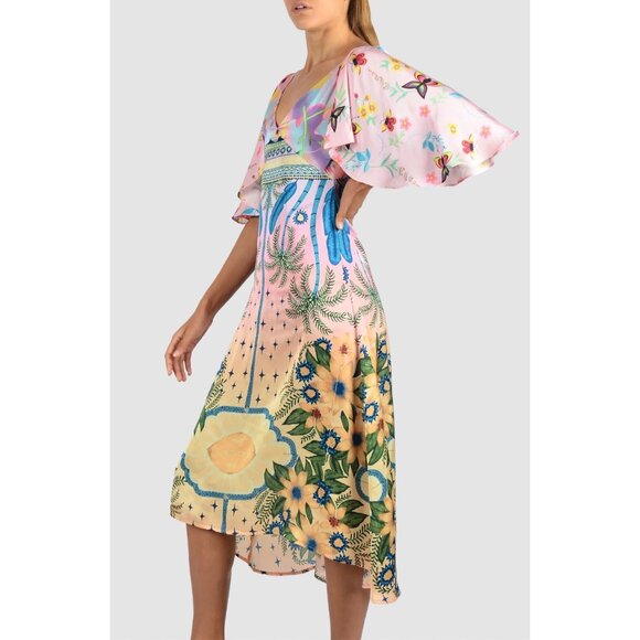 NWT Oceanus Camille Satin Midi Dress Colorful Tropical Floral Small - Picture 3 of 16